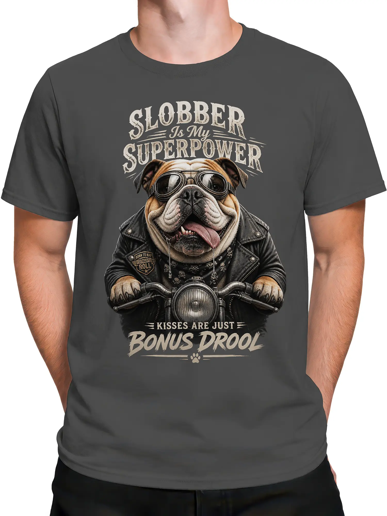 Male torso wearing a gray bulldog biker T-shirt with vintage goggles and humorous slobber lettering