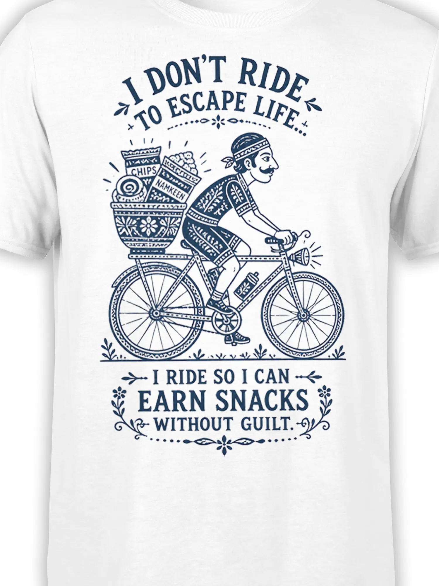 Close-up of vintage cyclist artwork and snack basket printed on a white cycling T-shirt