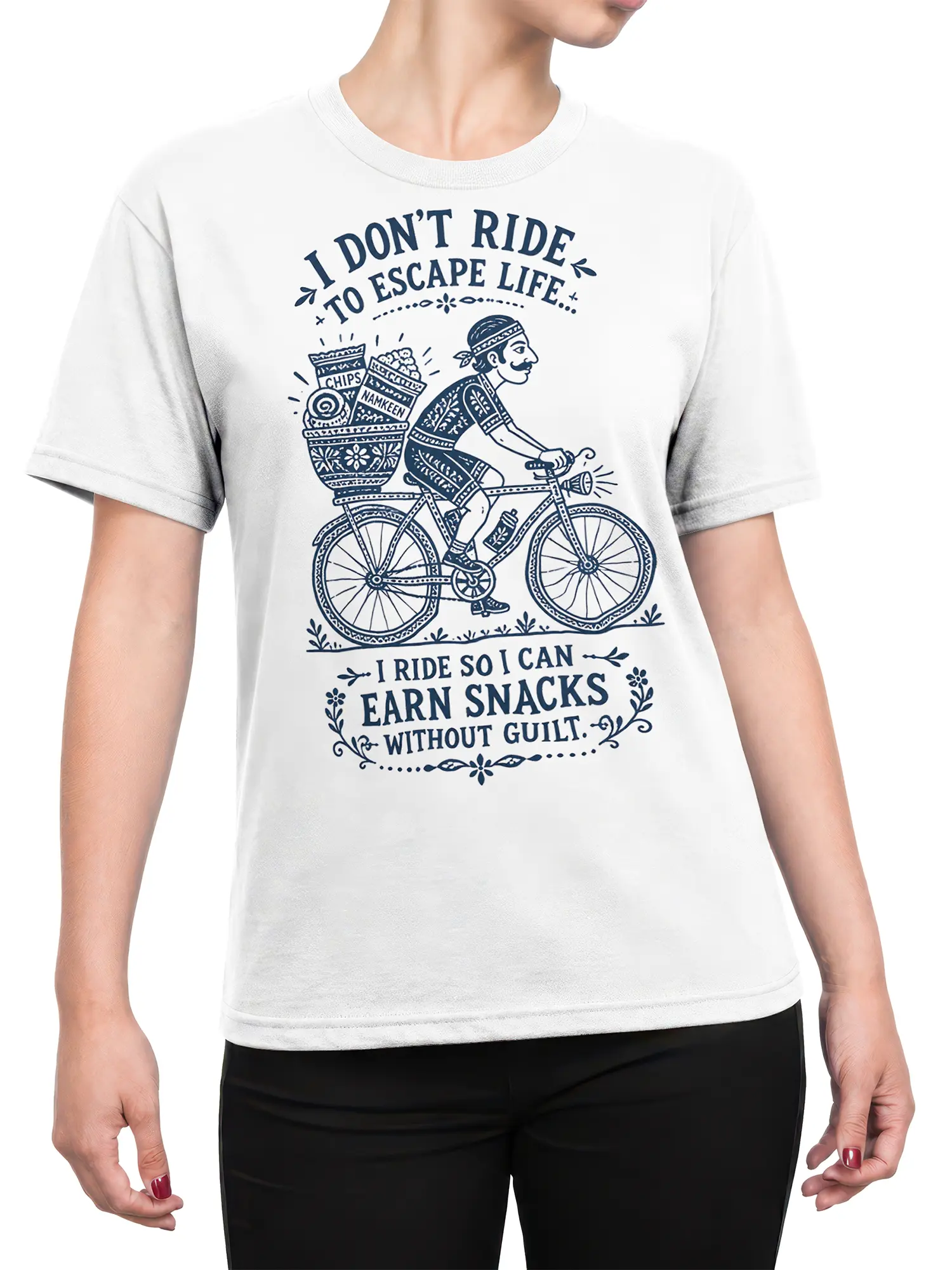 Female torso wearing a white cycling T-shirt with vintage cyclist and snack basket artwork