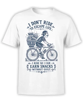 White cycling T-shirt with vintage navy cyclist, snack-filled bicycle basket, and funny snack slogan