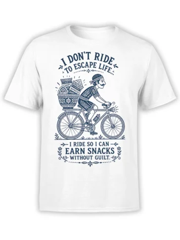 White cycling T-shirt with vintage navy cyclist, snack-filled bicycle basket, and funny snack slogan