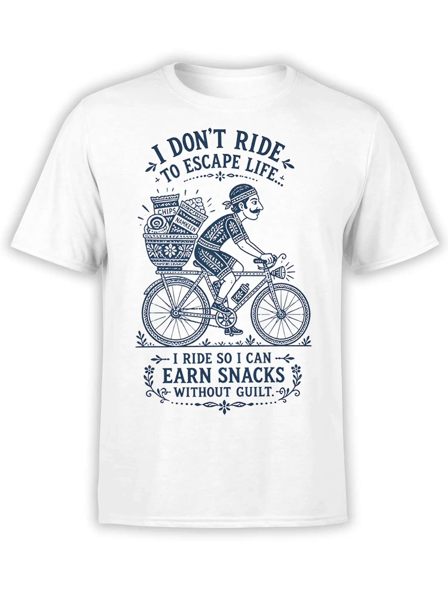 White cycling T-shirt with vintage navy cyclist, snack-filled bicycle basket, and funny snack slogan