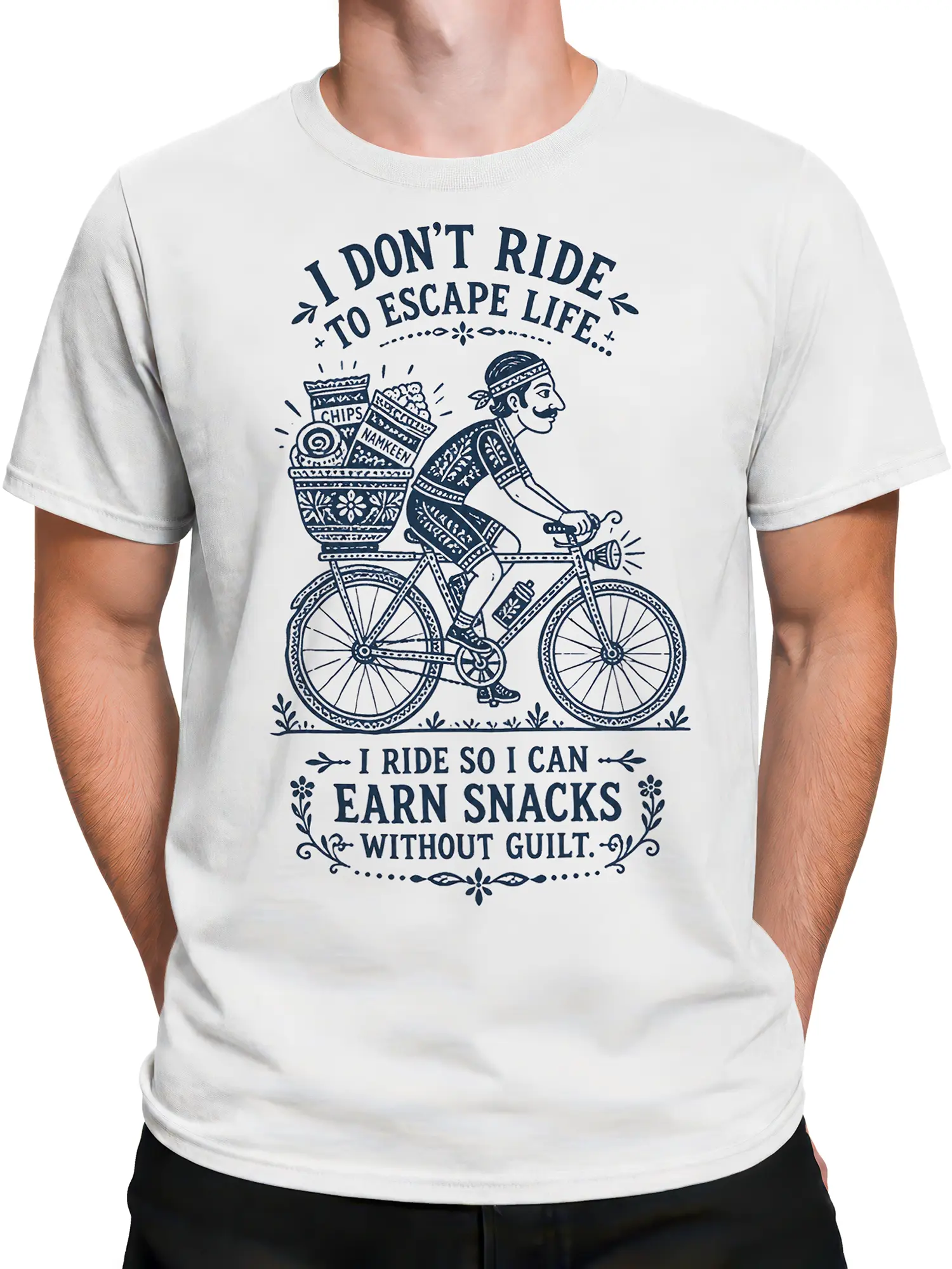 Male torso wearing a white cycling T-shirt with vintage cyclist and snack basket design