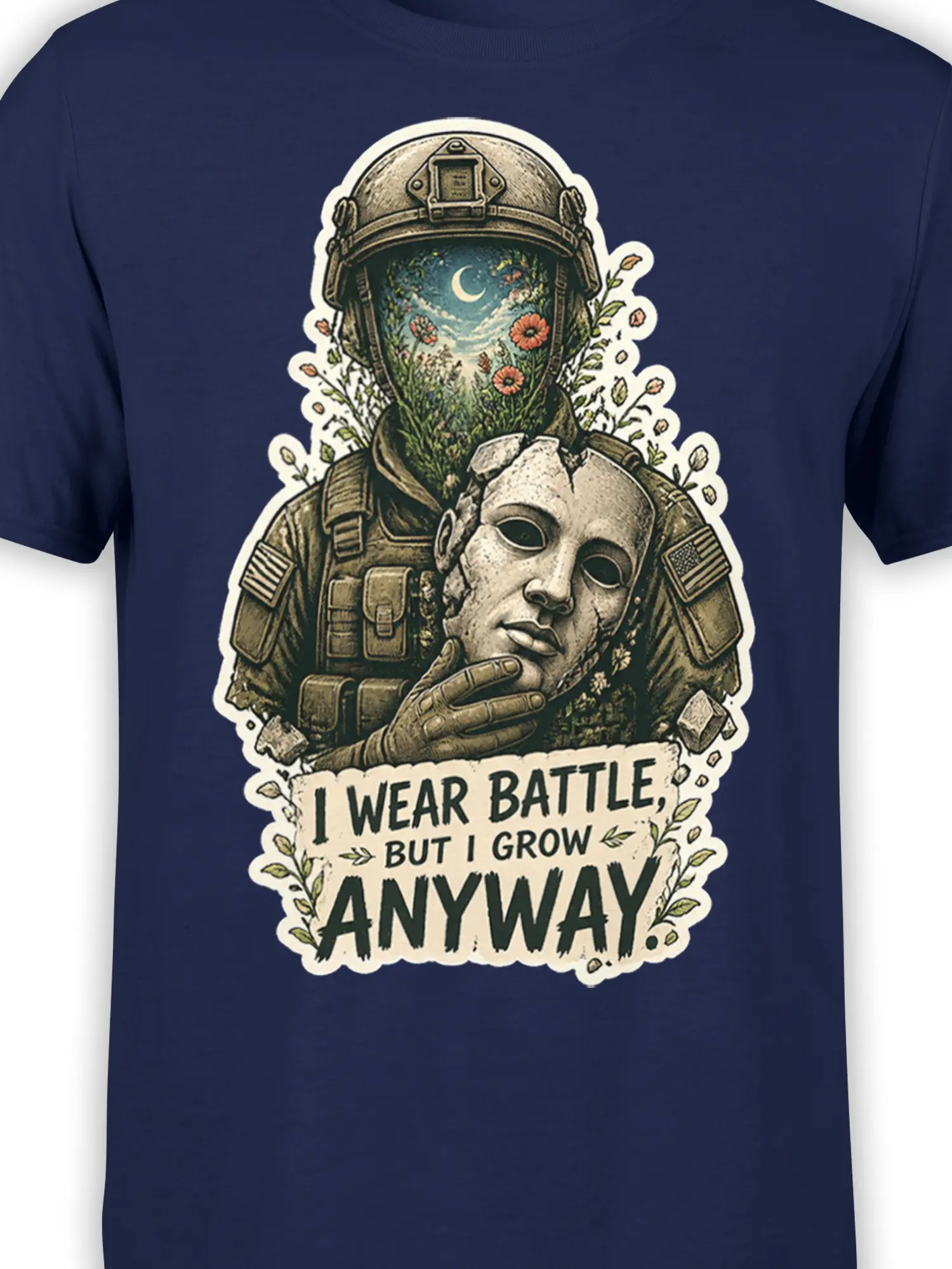 Close-up of astronaut helmet, crescent moon, flowers, and resilience message on navy shirt