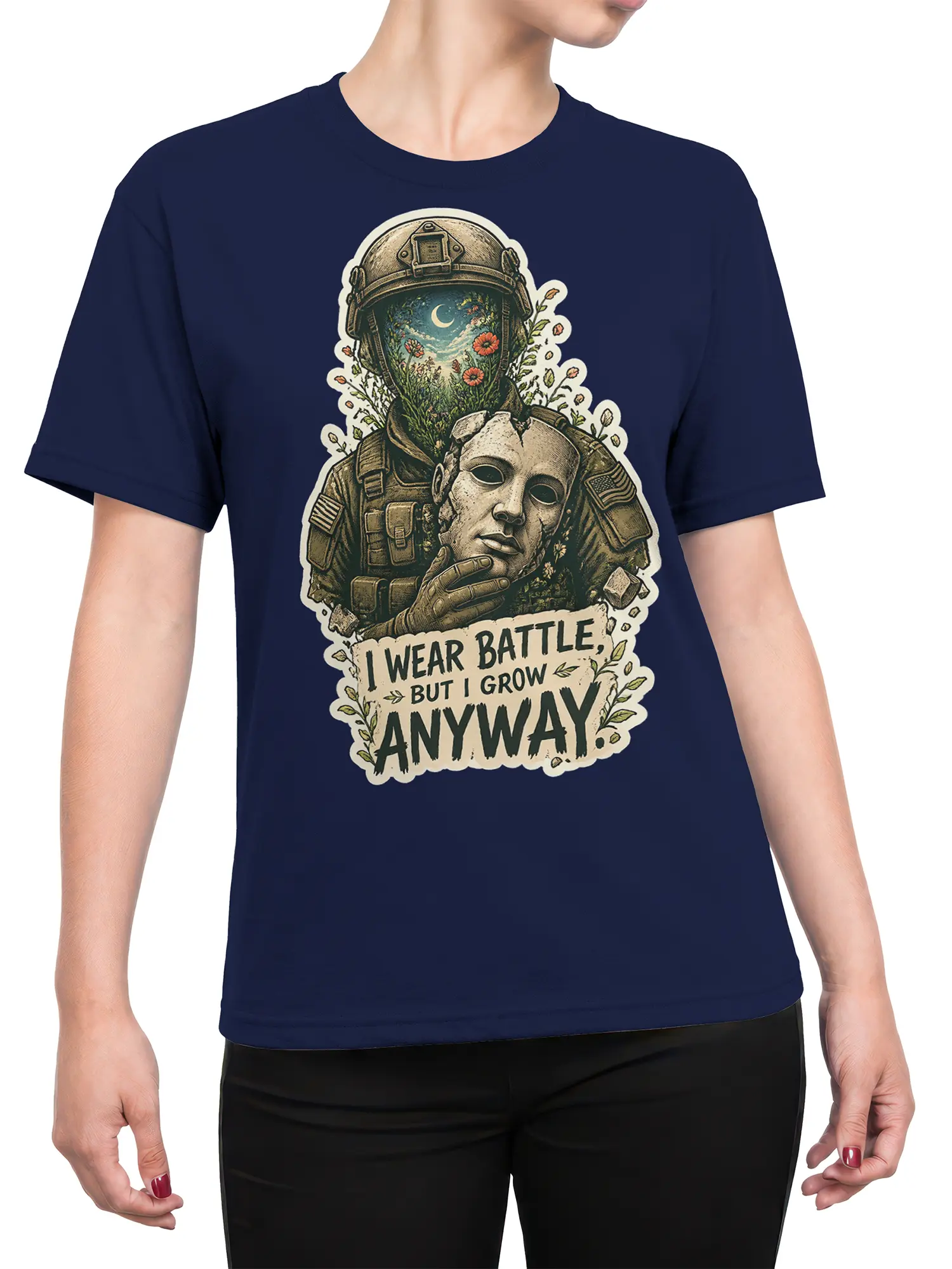 Female torso wearing navy astronaut T-shirt with moonlit flower garden and resilience graphic