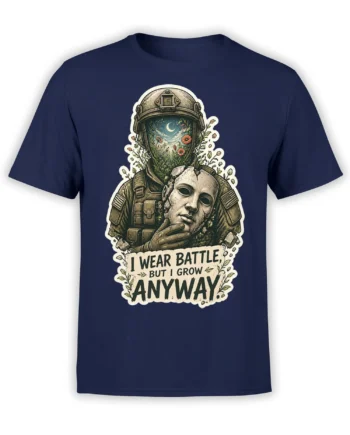 Front view of navy astronaut T-shirt with moonlit flowers and “I wear battle, but I grow anyway” design