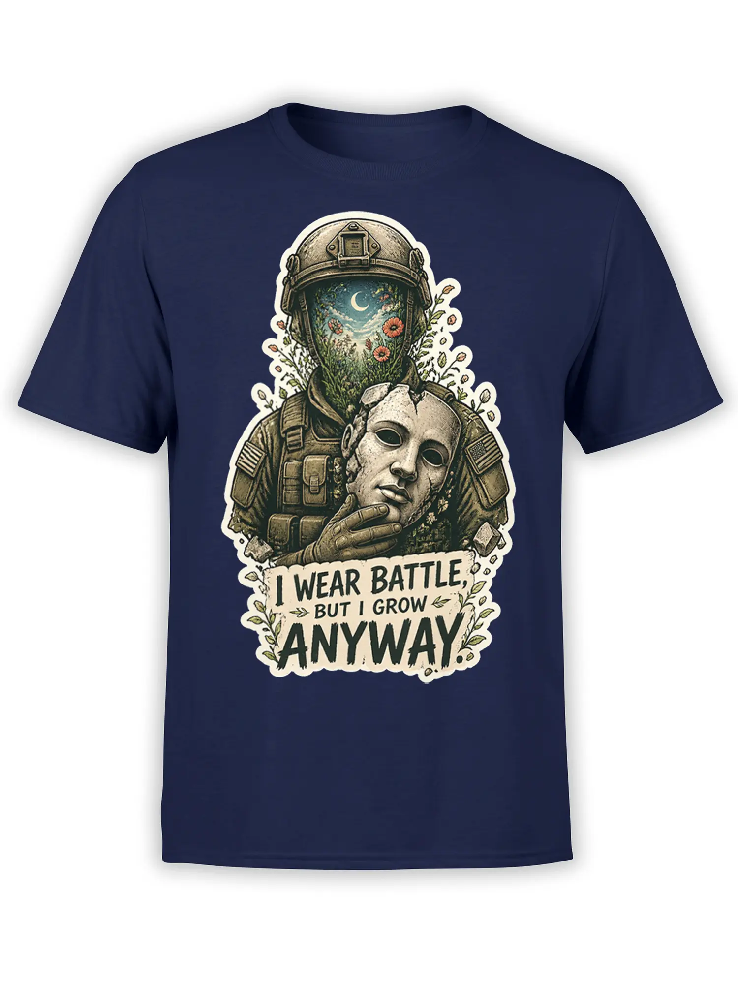 Front view of navy astronaut T-shirt with moonlit flowers and “I wear battle, but I grow anyway” design