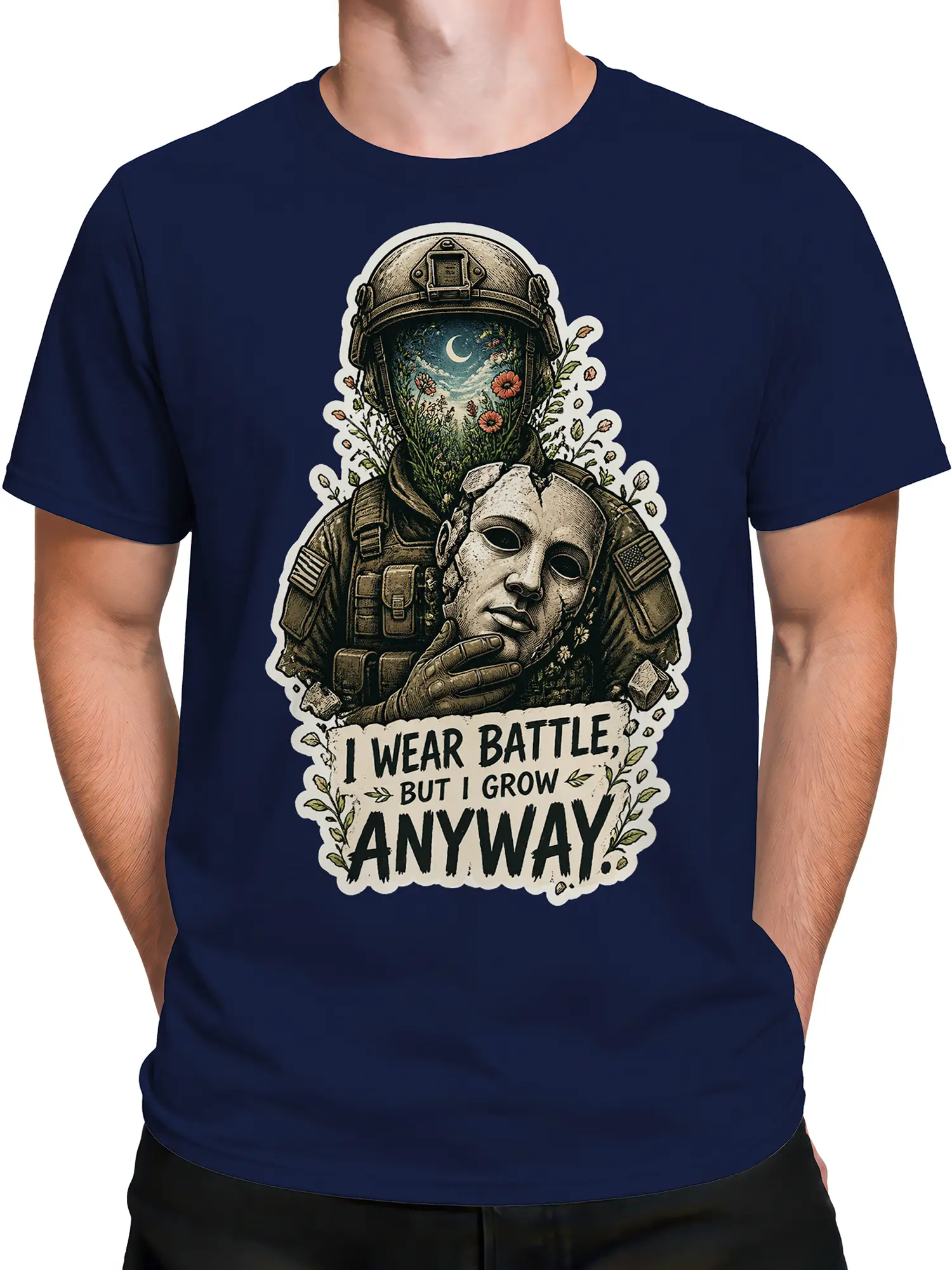 Male torso wearing navy astronaut T-shirt with moonlit flowers and growth message