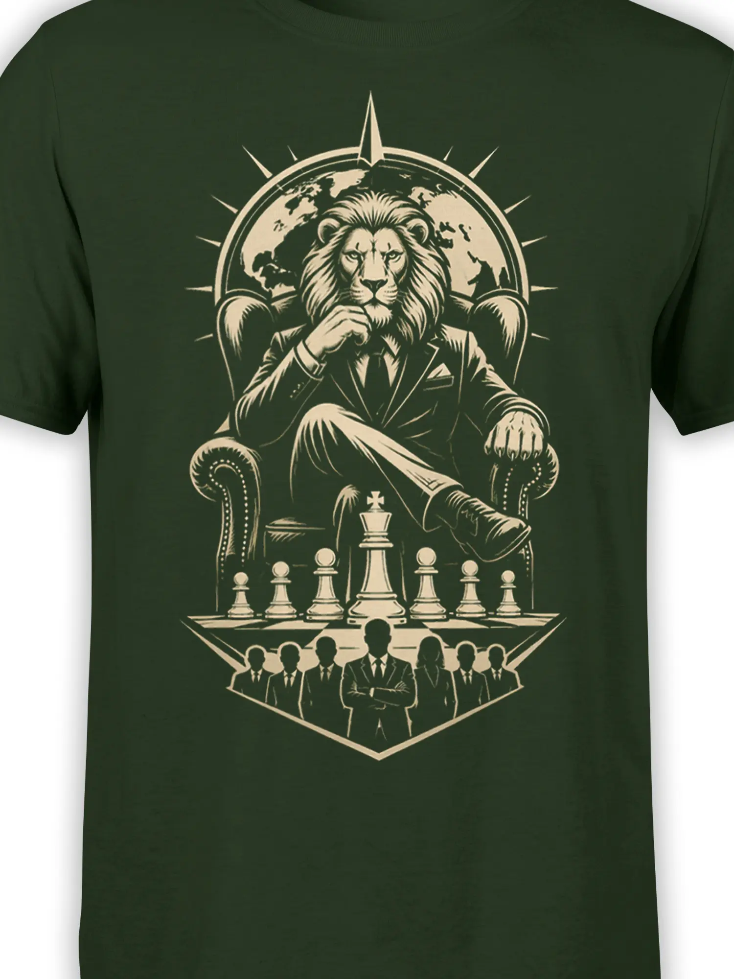 Close-up of the suited lion, globe, compass details, and chessboard artwork on a green T-shirt