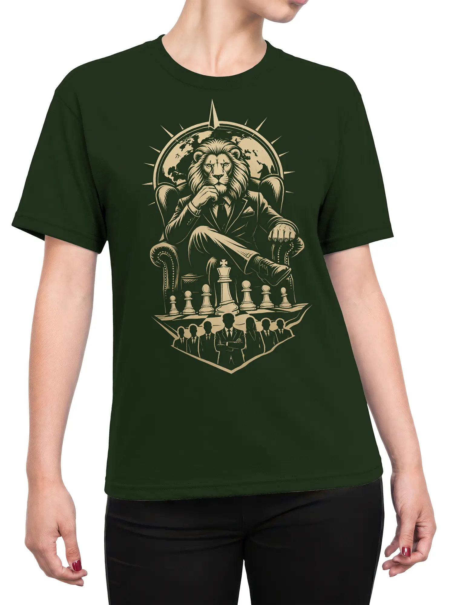 Female torso wearing a green T-shirt with a regal lion, chessboard, and globe graphic