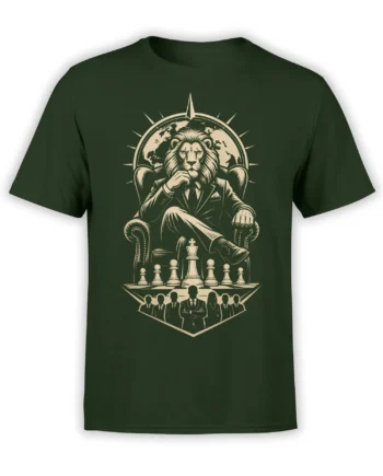 Regal suited lion seated behind a chessboard and globe on a green T-shirt