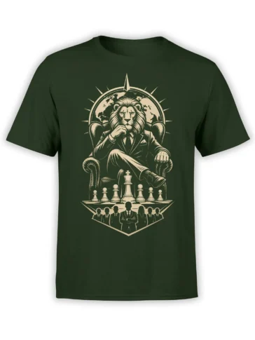 Regal suited lion seated behind a chessboard and globe on a green T-shirt