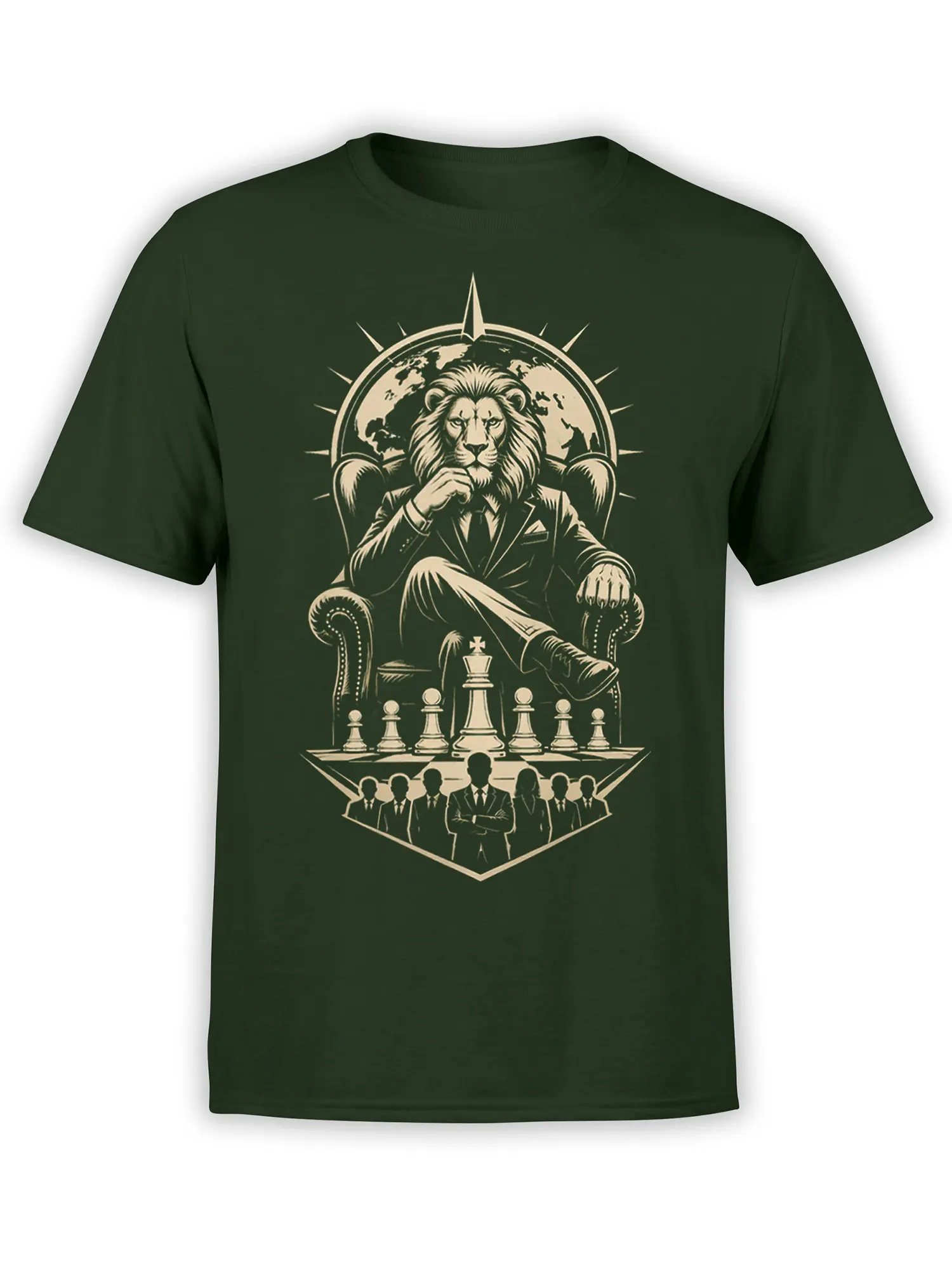 Regal suited lion seated behind a chessboard and globe on a green T-shirt
