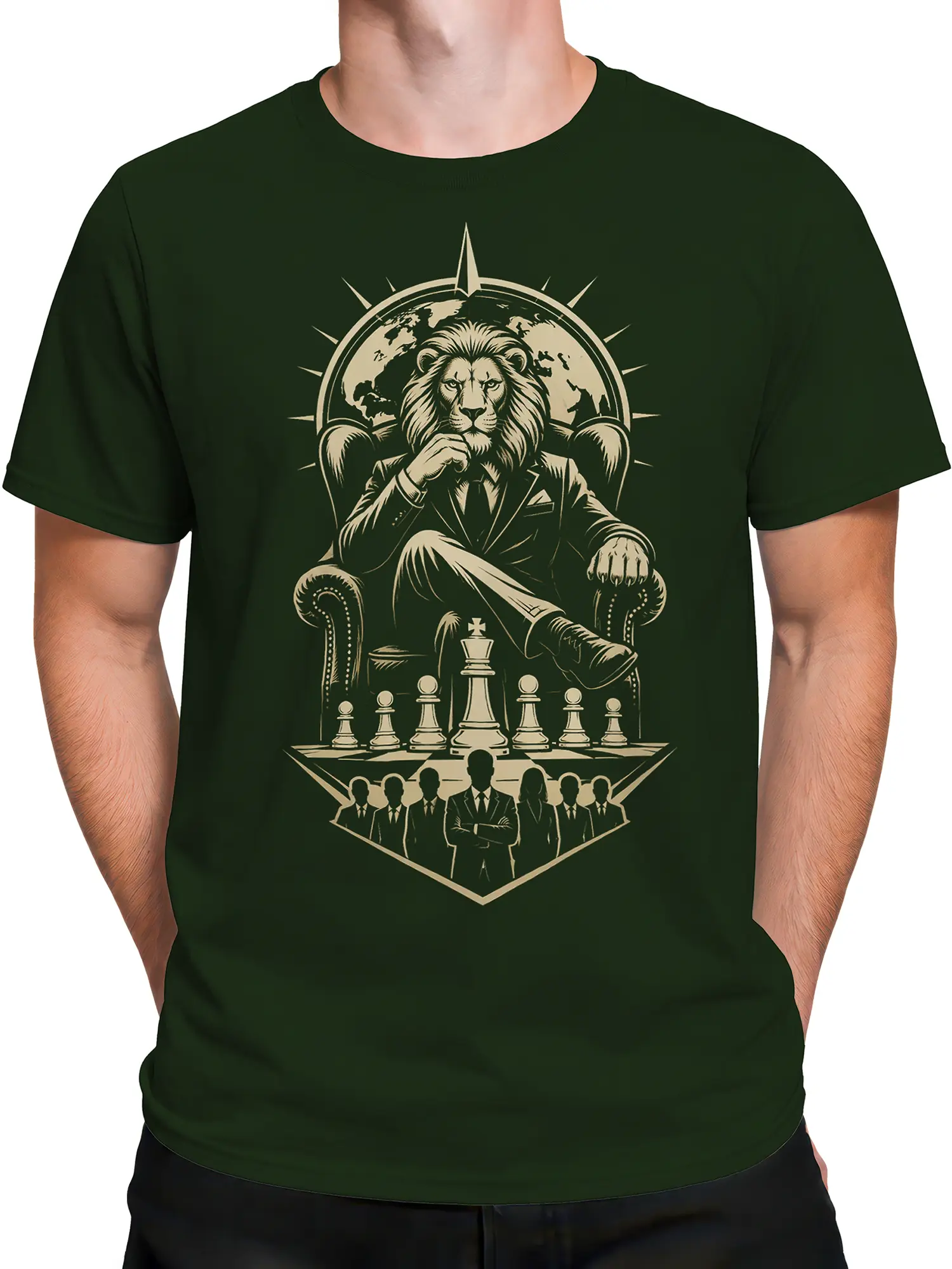 Male torso wearing a green T-shirt with a suited lion chess strategy graphic