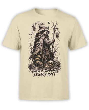 Beige T-shirt featuring a cloaked raccoon with a lantern, moon, skulls, ravens, and a dark legacy message