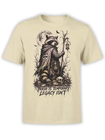Beige T-shirt featuring a cloaked raccoon with a lantern, moon, skulls, ravens, and a dark legacy message
