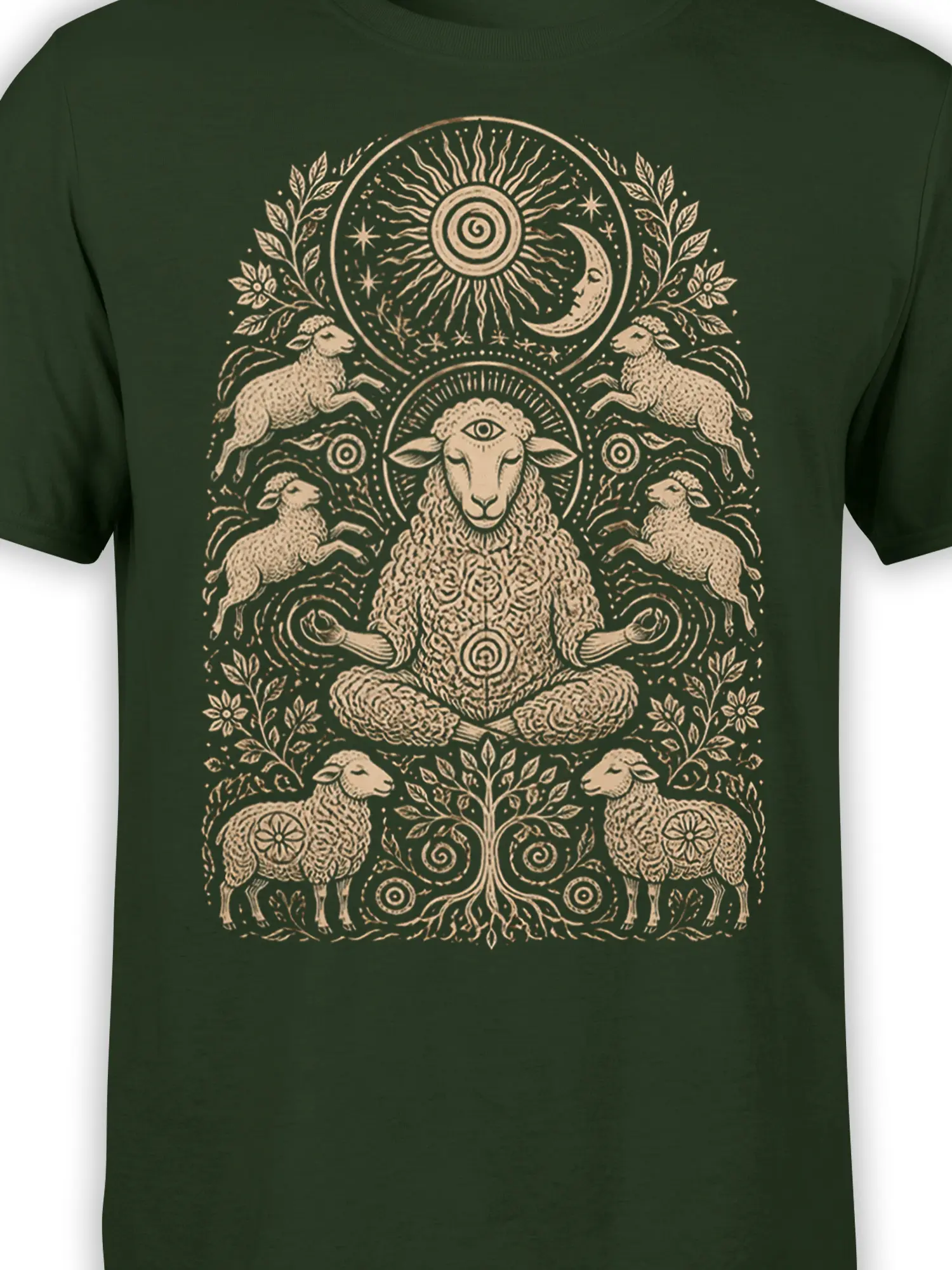 Close-up of cream mystical sheep artwork with a third eye, sun, moon, stars, leaves, and flock on dark green fabric