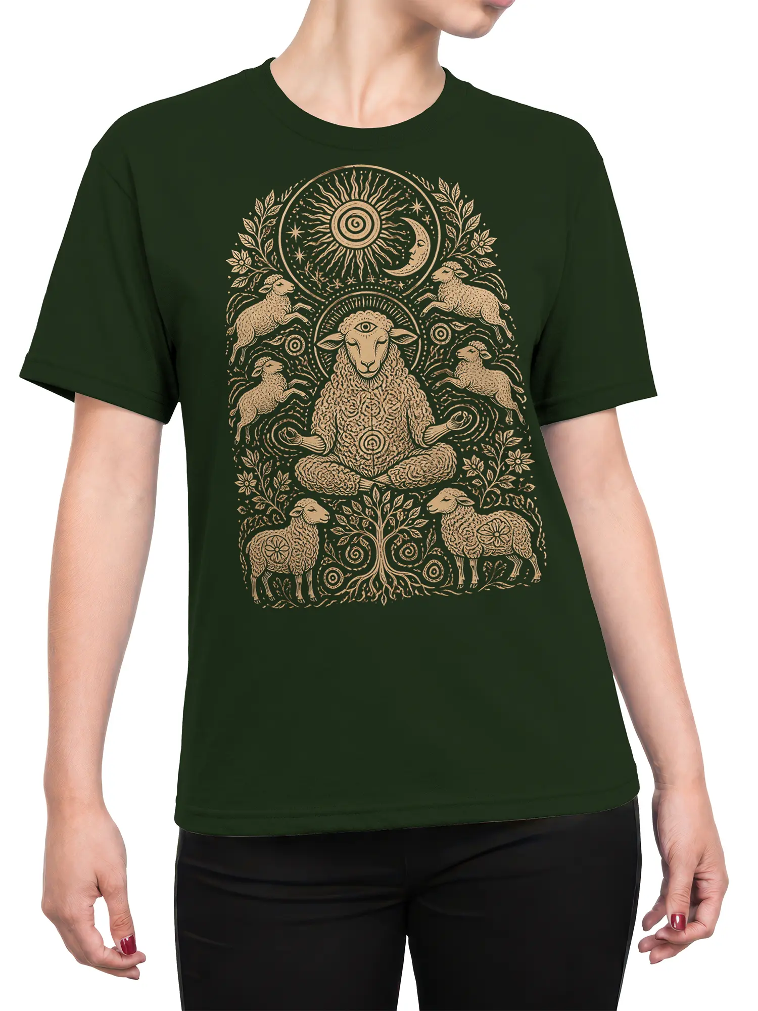 Female torso wearing a dark green sheep T-shirt with a cream meditating sheep, celestial symbols, stars, and botanical artwork