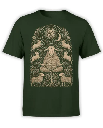 Dark green sheep T-shirt with a meditating third-eye sheep, celestial sun and moon, stars, leaves, and surrounding flock