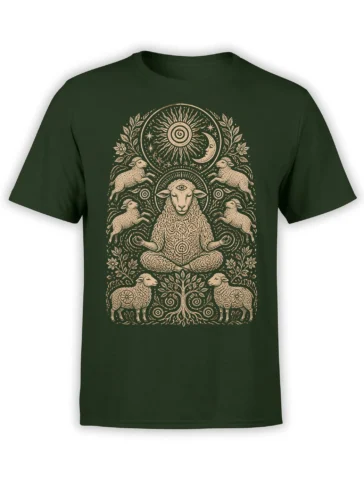 Dark green sheep T-shirt with a meditating third-eye sheep, celestial sun and moon, stars, leaves, and surrounding flock