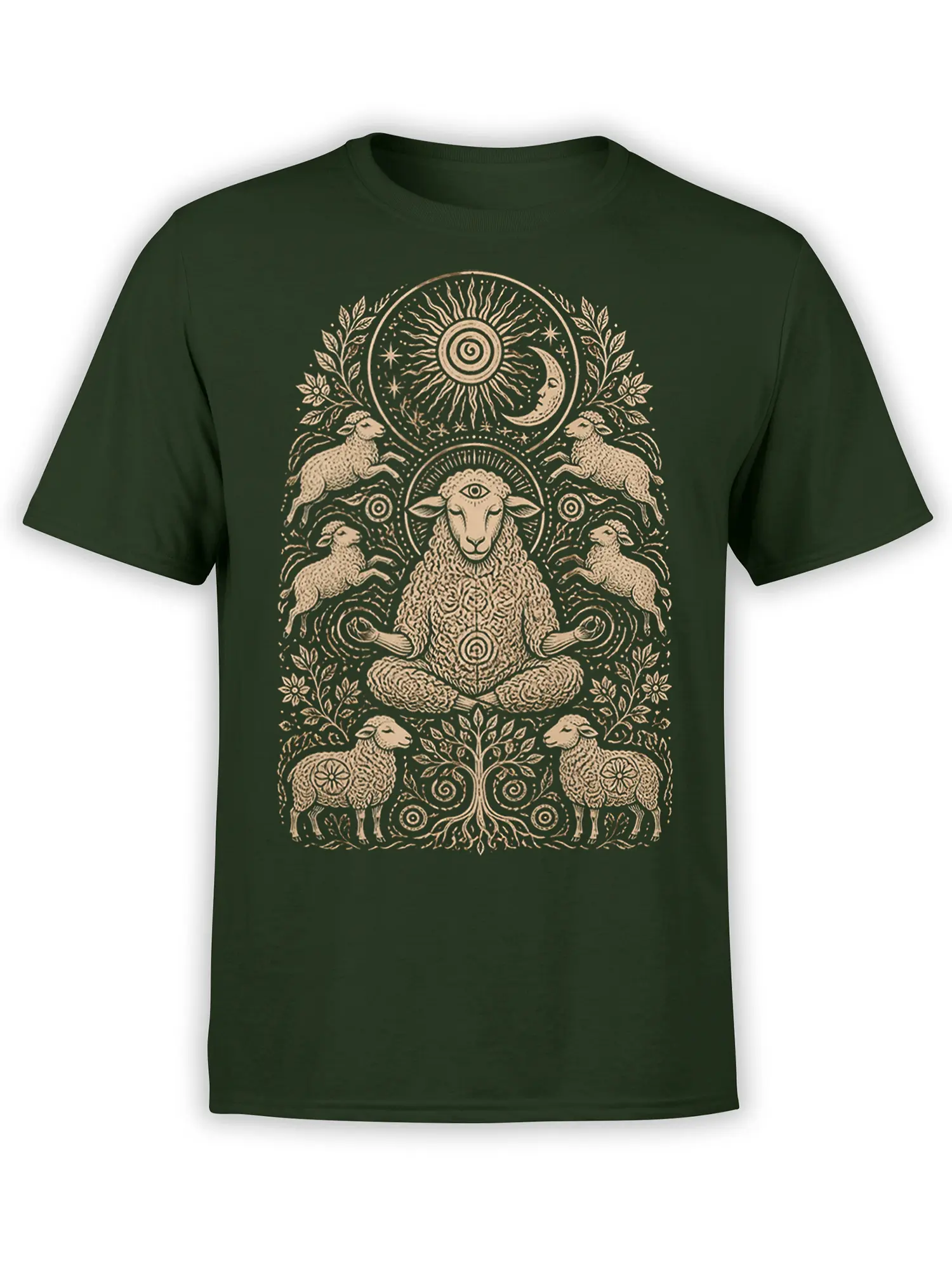 Dark green sheep T-shirt with a meditating third-eye sheep, celestial sun and moon, stars, leaves, and surrounding flock