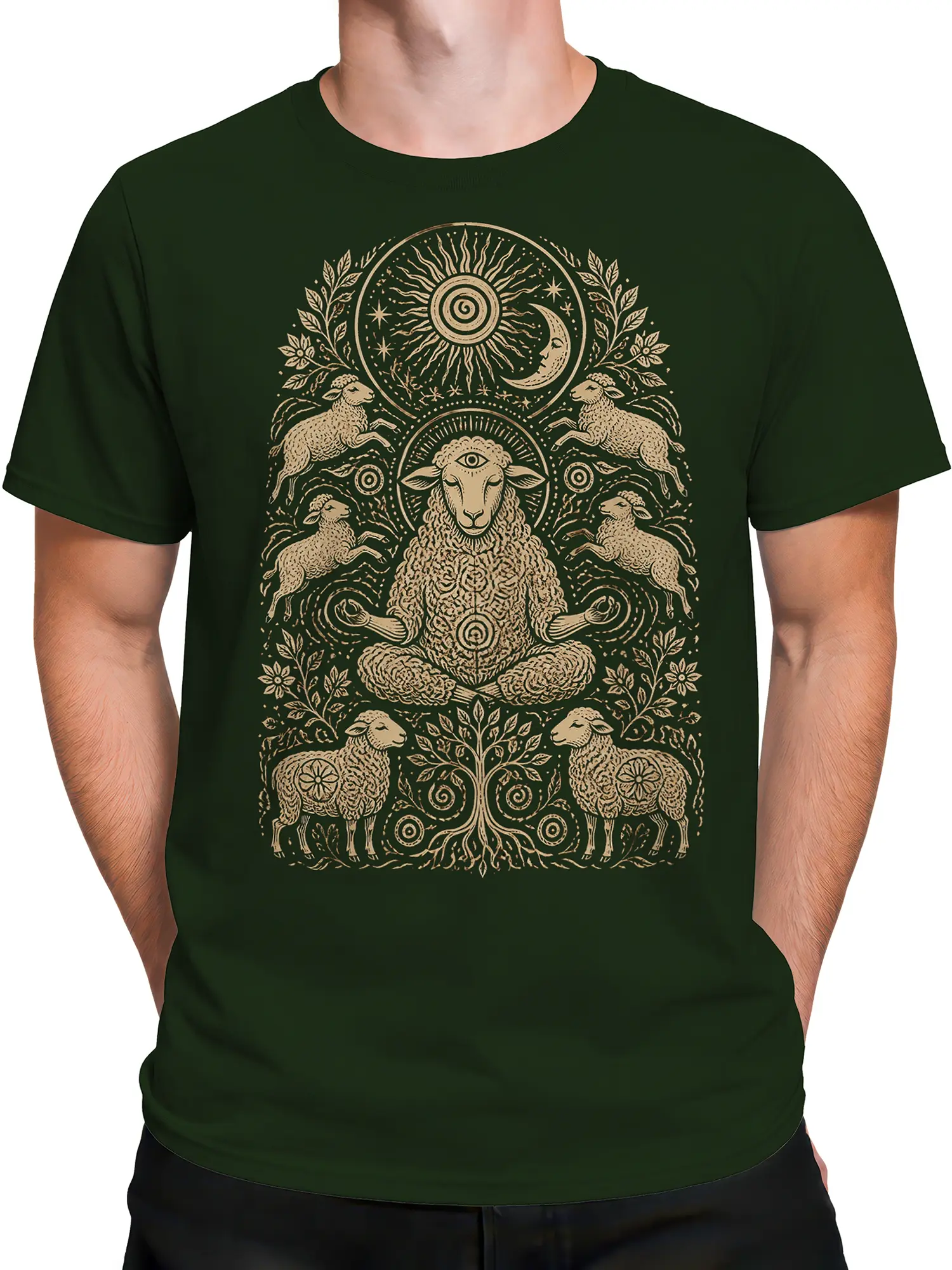 Male torso wearing a dark green mystical sheep T-shirt with cream celestial artwork and a meditating third-eye sheep