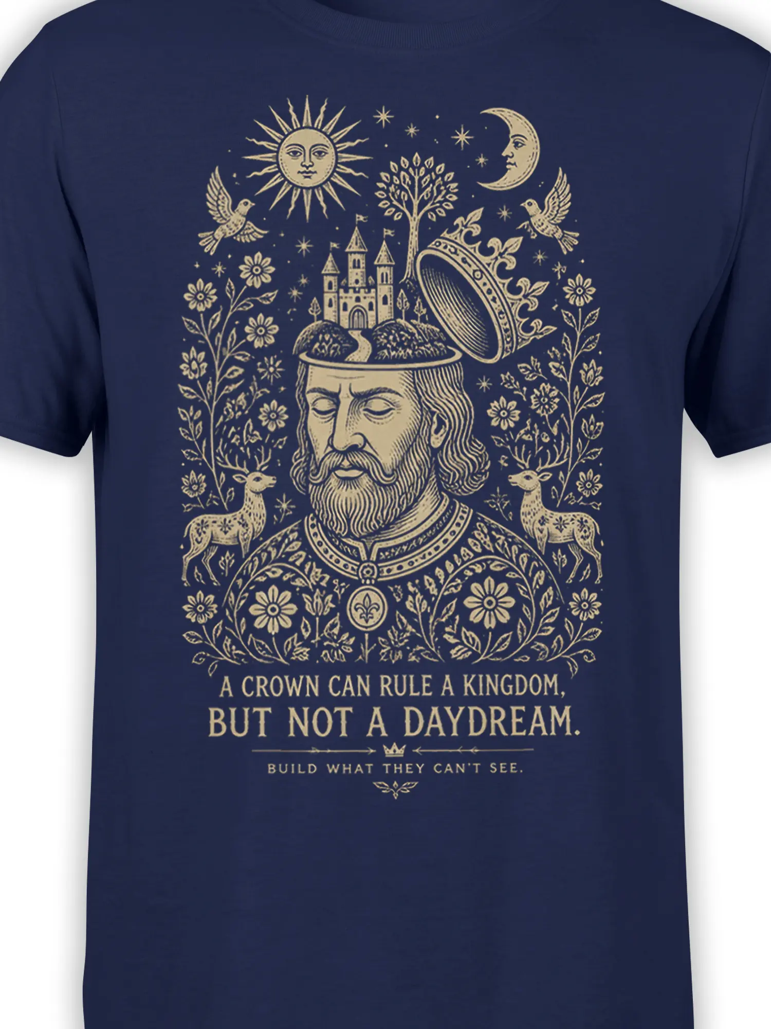 Close-up of the medieval dreamer and castle fantasy artwork printed in cream on a navy T-shirt