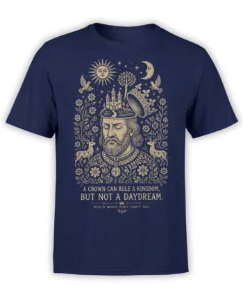 Vintage fantasy dreamer design with castle, sun, moon, deer, and flowers on a navy T-shirt