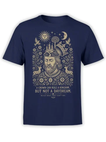 Vintage fantasy dreamer design with castle, sun, moon, deer, and flowers on a navy T-shirt