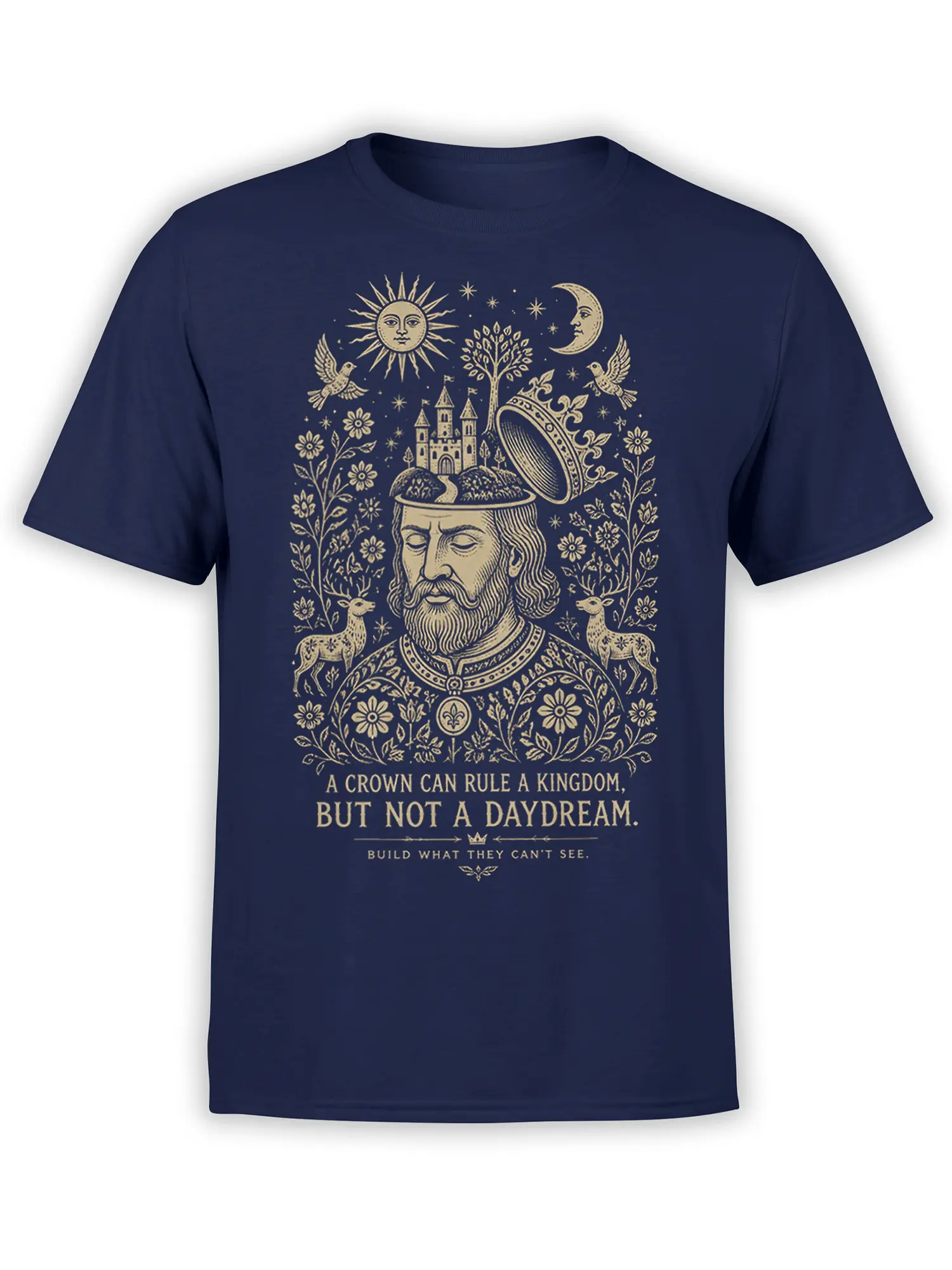 Vintage fantasy dreamer design with castle, sun, moon, deer, and flowers on a navy T-shirt