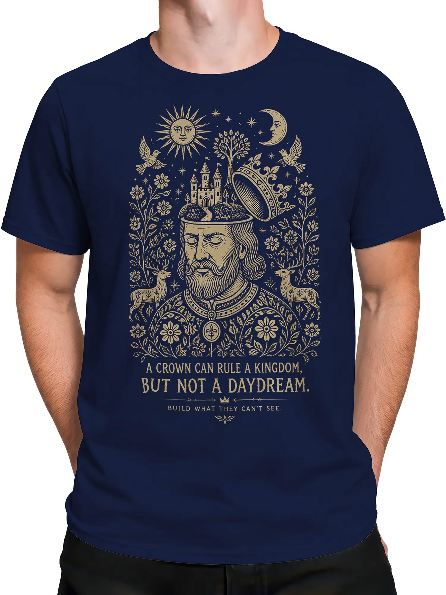 Male torso wearing a navy fantasy T-shirt with a medieval dreamer and illustrated kingdom design