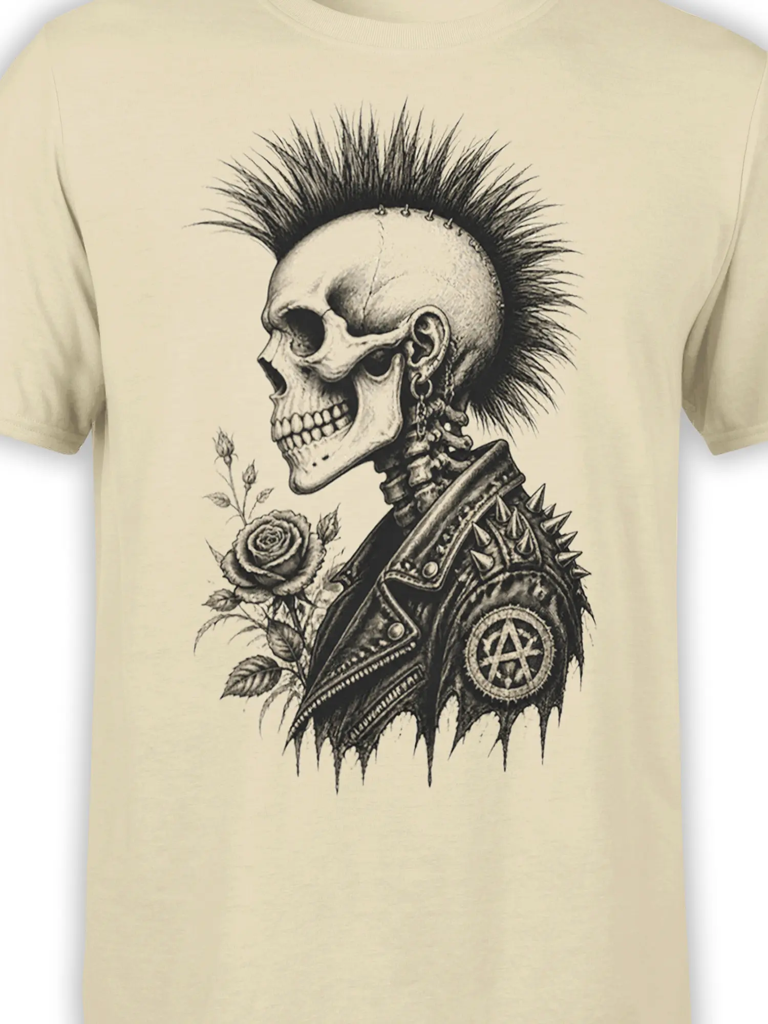 Close-up of the beige shirt graphic showing a mohawk skull, spiked jacket, anarchy symbol, and rose