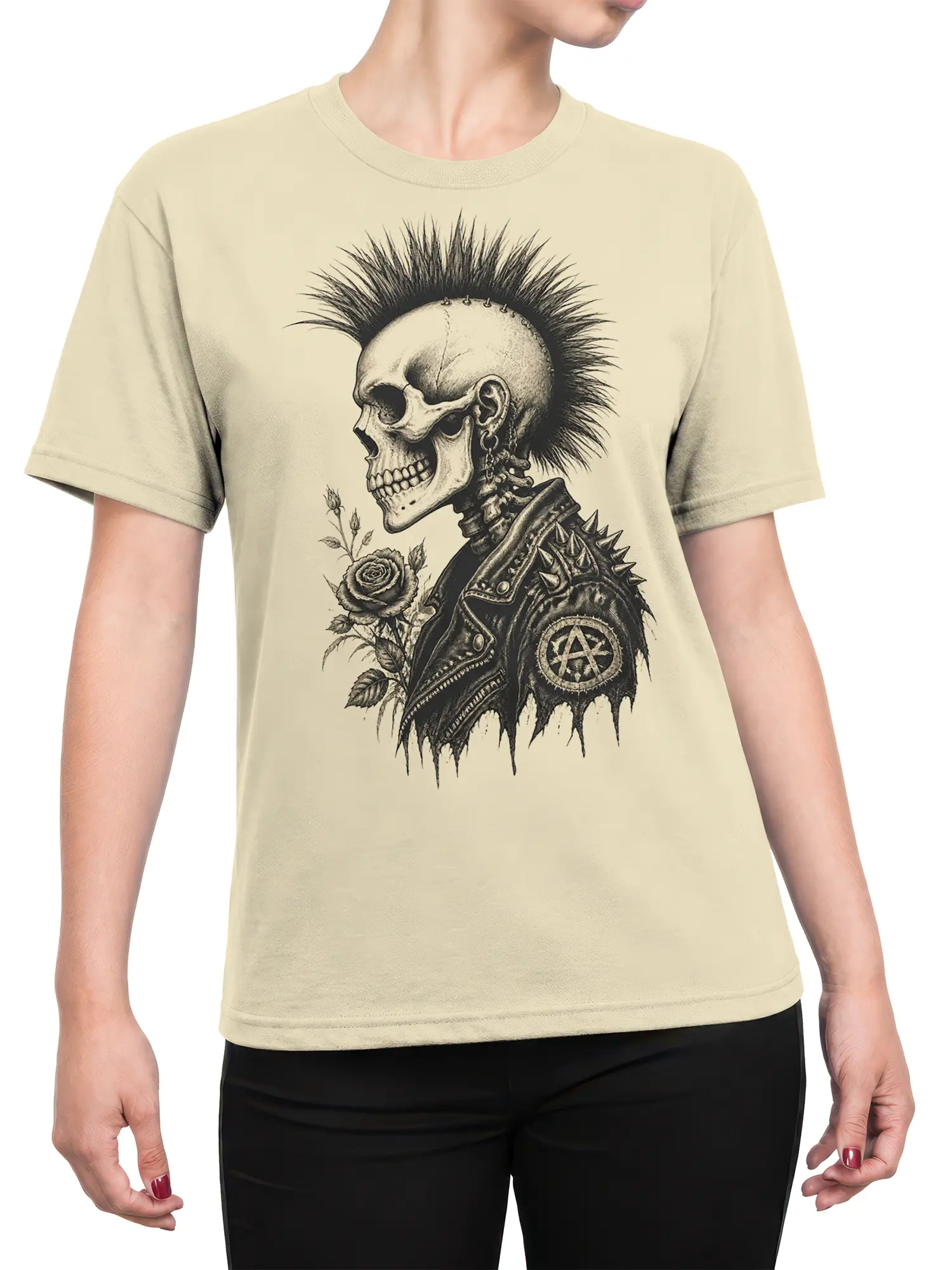 Female torso wearing a beige T-shirt with a punk skull, rose, mohawk, and spiked jacket graphic