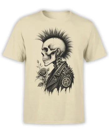 Beige T-shirt with a detailed punk skull, mohawk, spiked jacket, anarchy symbol, and rose graphic