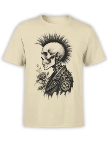 Beige T-shirt with a detailed punk skull, mohawk, spiked jacket, anarchy symbol, and rose graphic