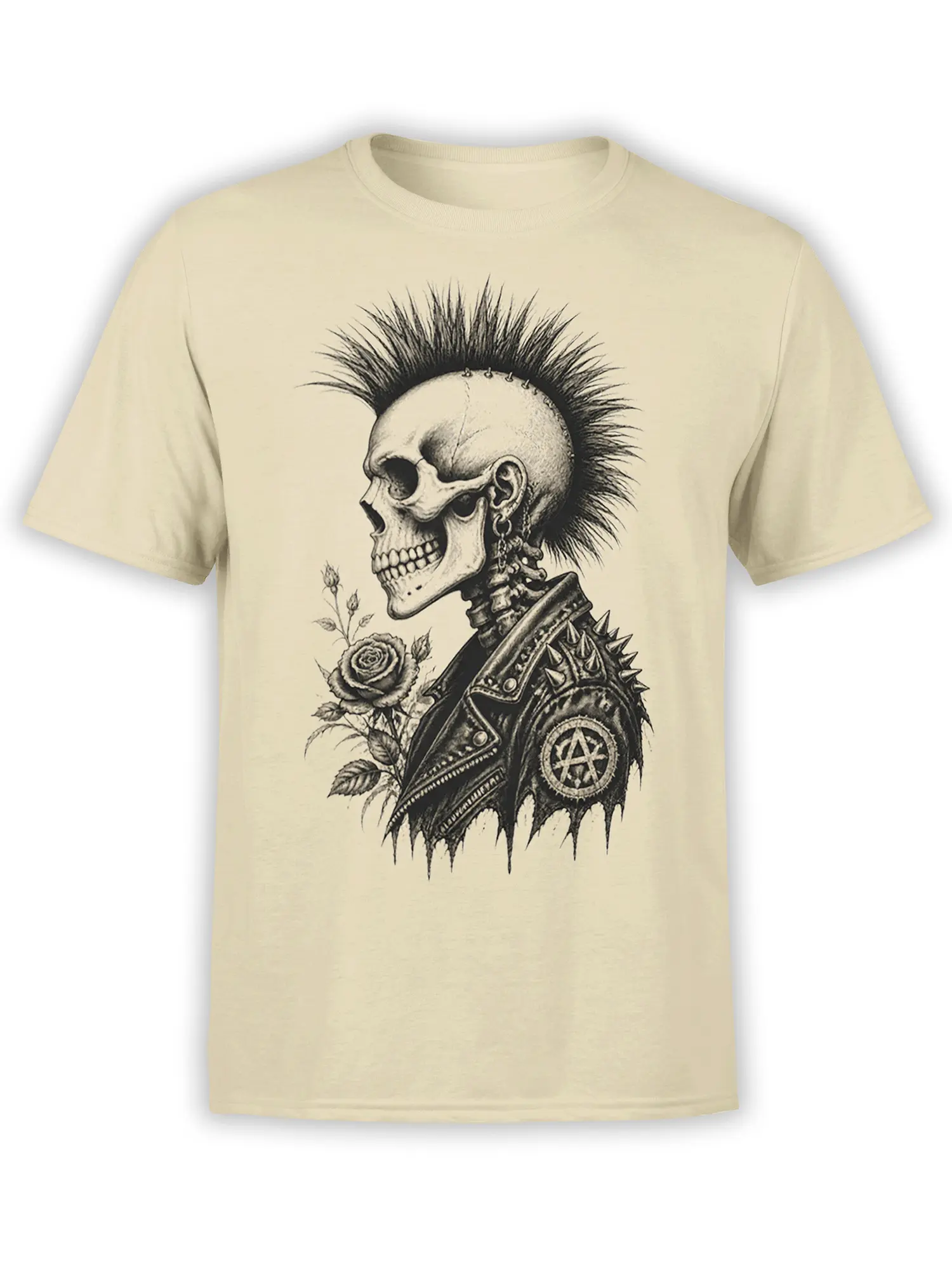 Beige T-shirt with a detailed punk skull, mohawk, spiked jacket, anarchy symbol, and rose graphic