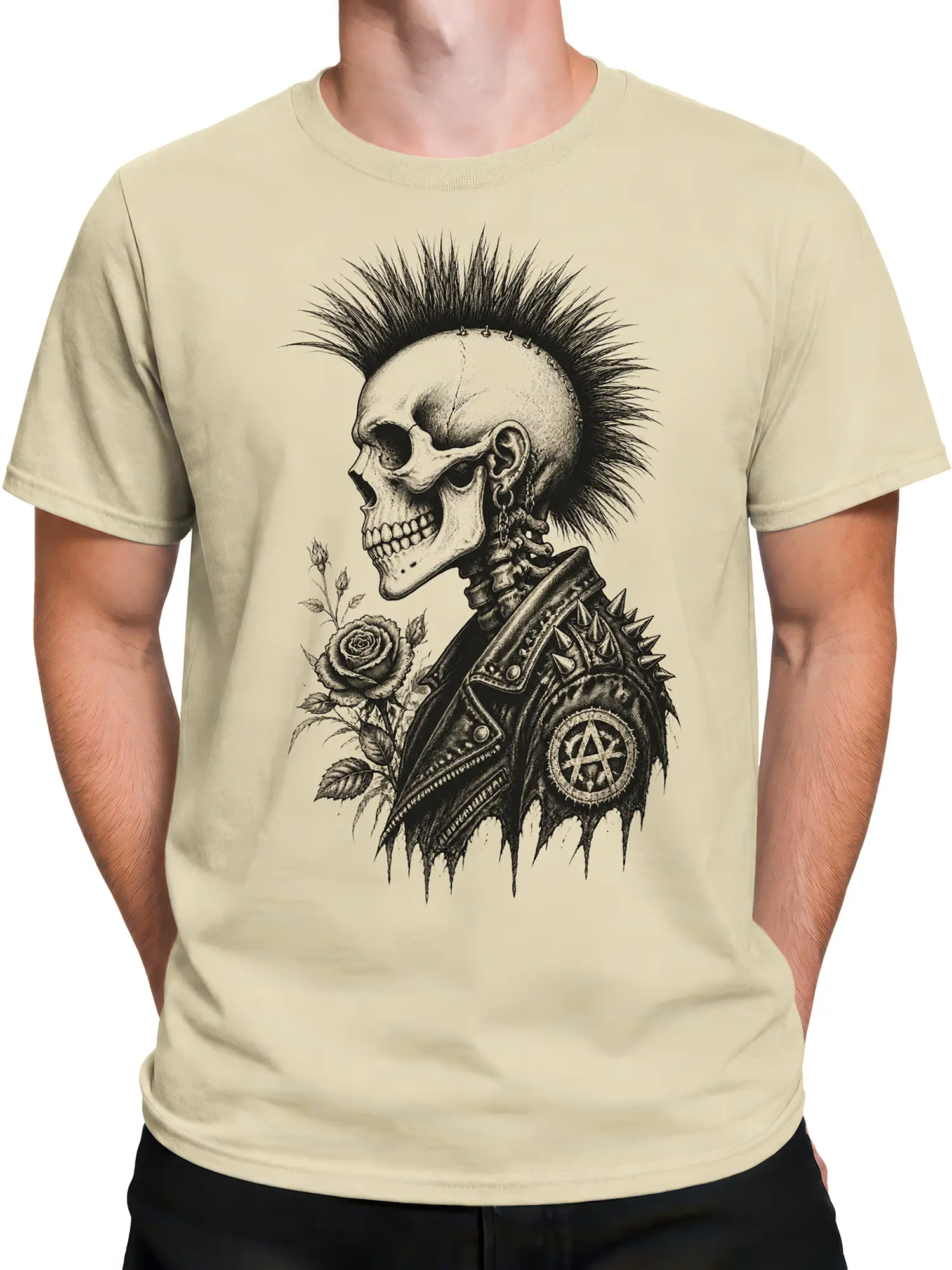 Male torso wearing a beige skull and rose T-shirt with a mohawk and spiked jacket design