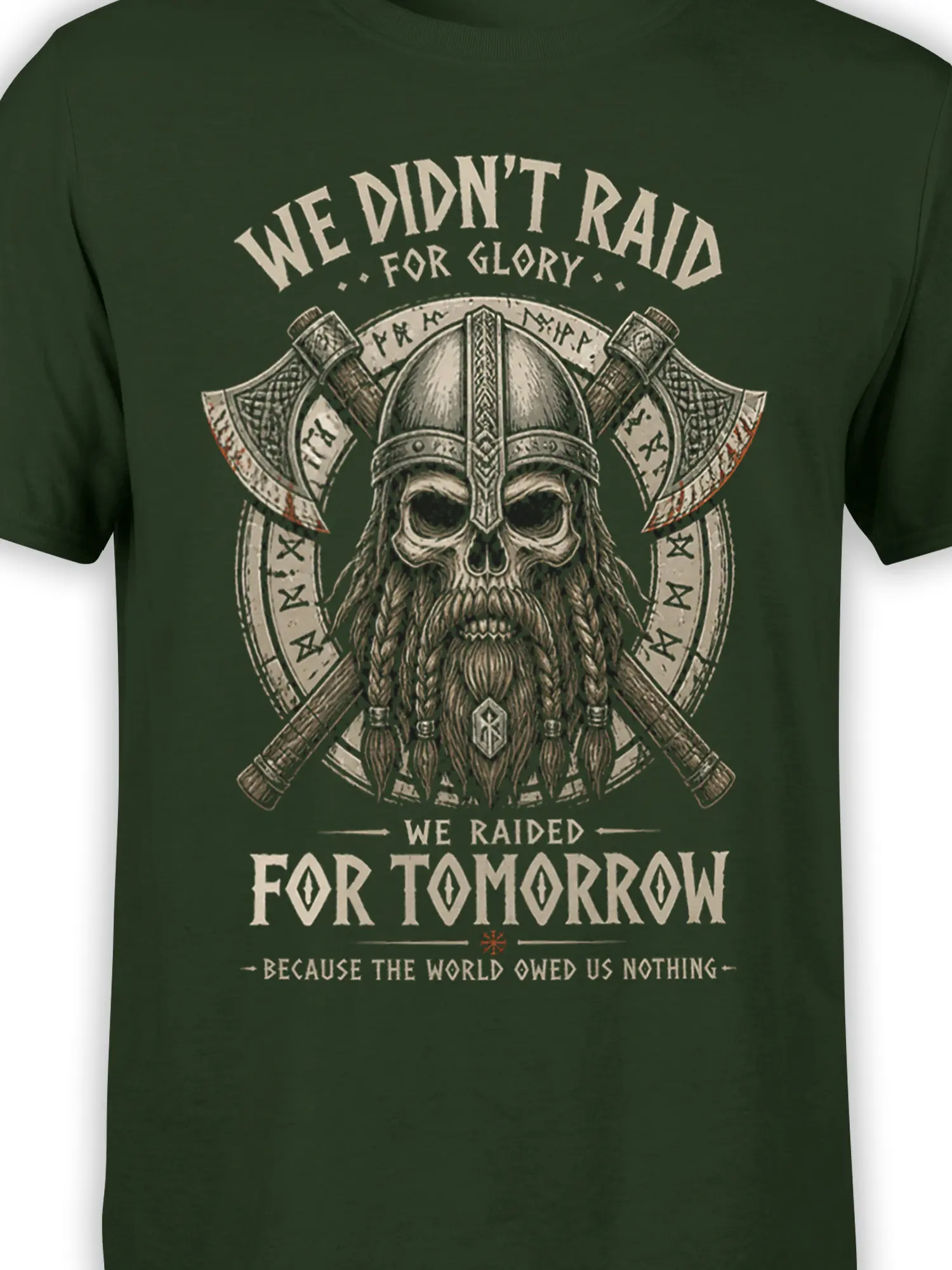 Close-up of the Viking skull warrior design with horned helmet, braided beard, crossed axes, and cream lettering on green