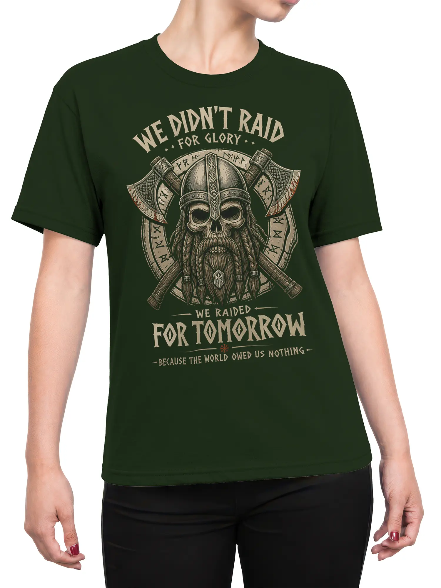 Female torso wearing a green Viking graphic tee with skull warrior artwork, crossed axes, runes, and raider lettering