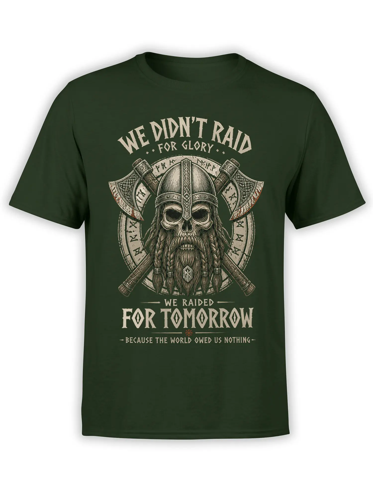 Green Viking T-shirt with skull warrior, crossed axes, rune details, and the message We Raided for Tomorrow