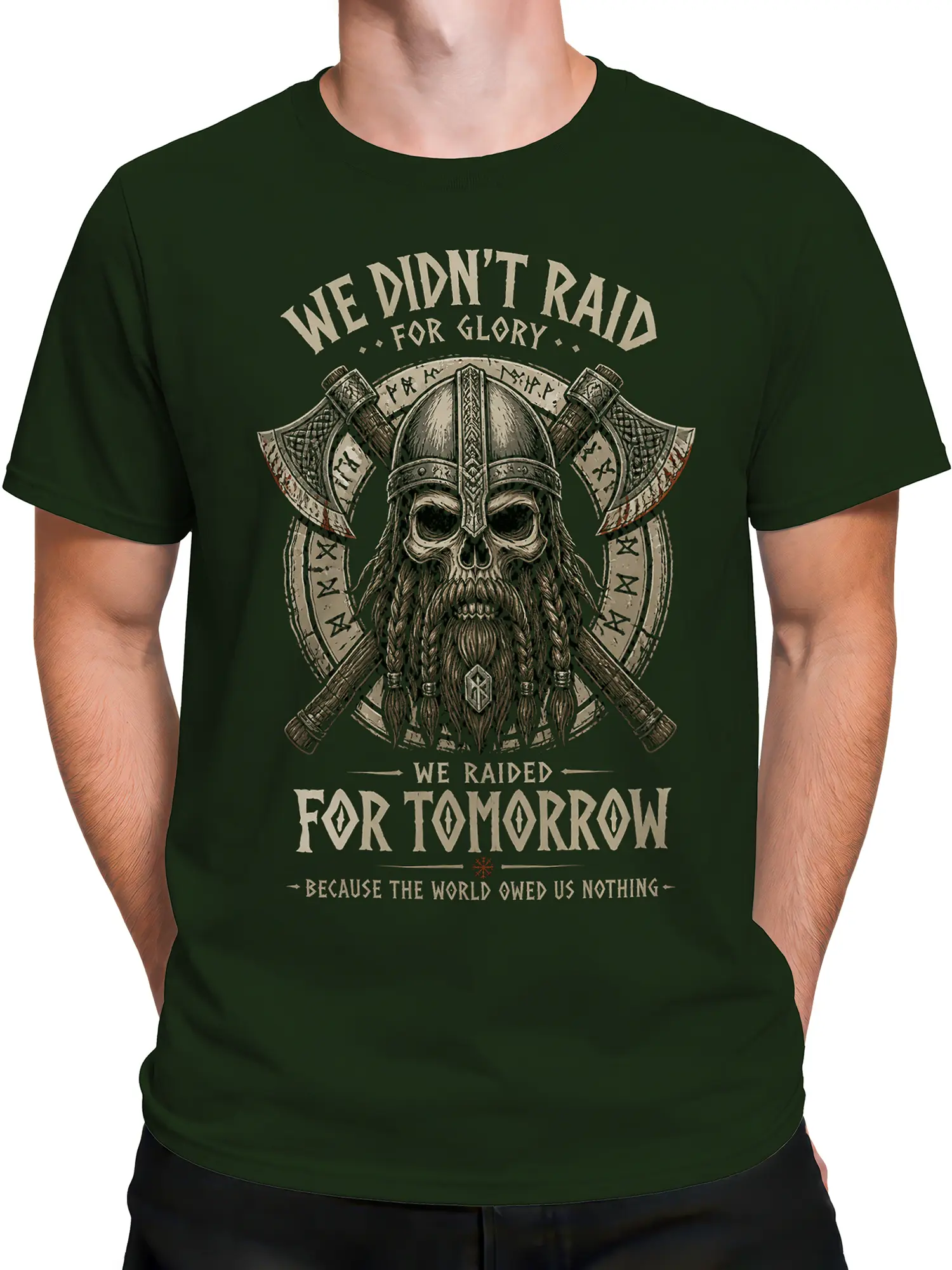 Male torso wearing a green Viking T-shirt with skull warrior artwork, crossed axes, runes, and vintage lettering