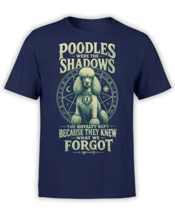 Regal poodle graphic with mystical symbols and vintage royal text on a navy T-shirt
