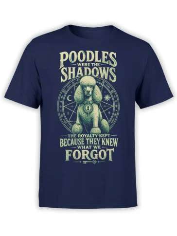 Regal poodle graphic with mystical symbols and vintage royal text on a navy T-shirt