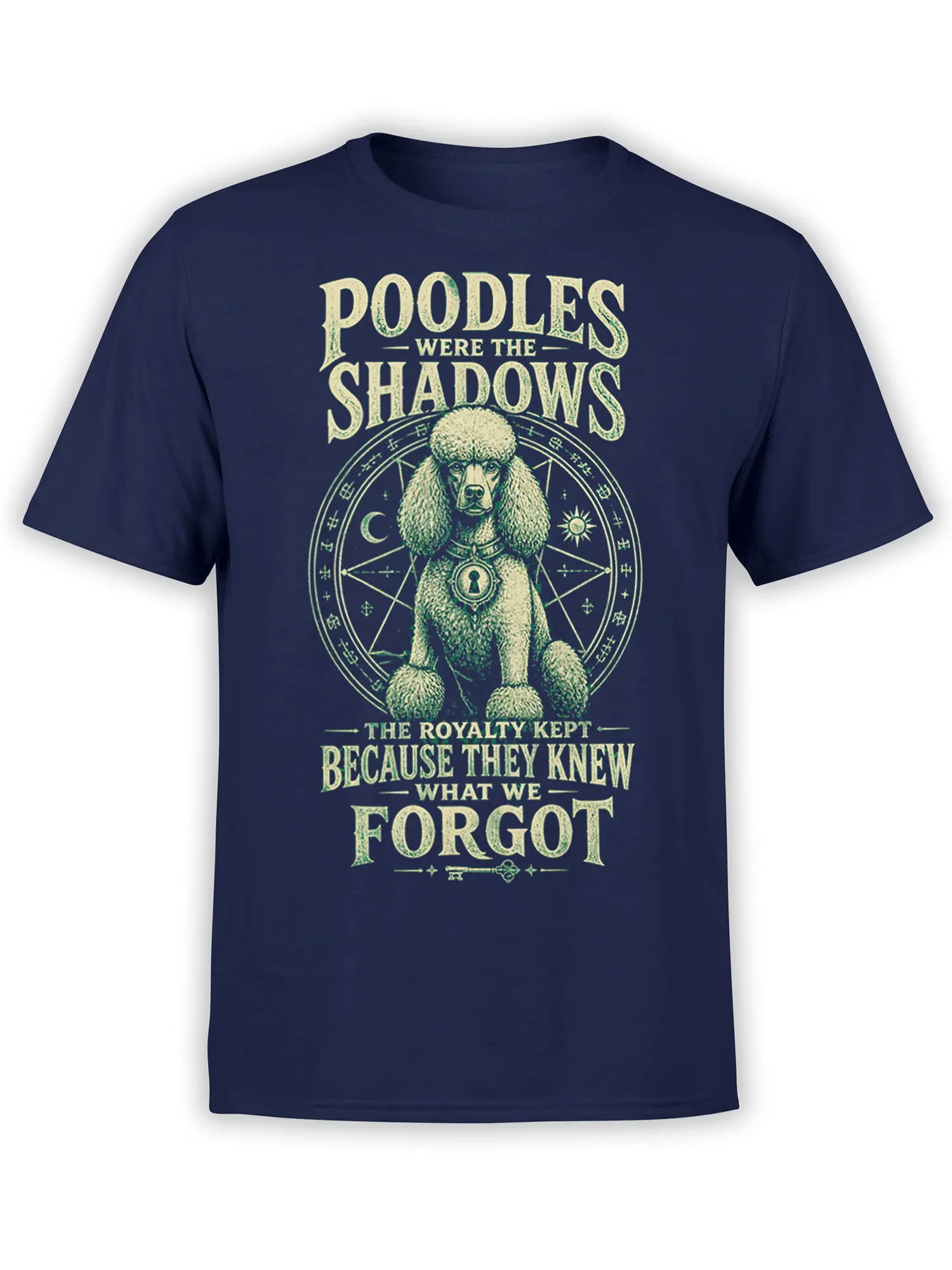 Regal poodle graphic with mystical symbols and vintage royal text on a navy T-shirt