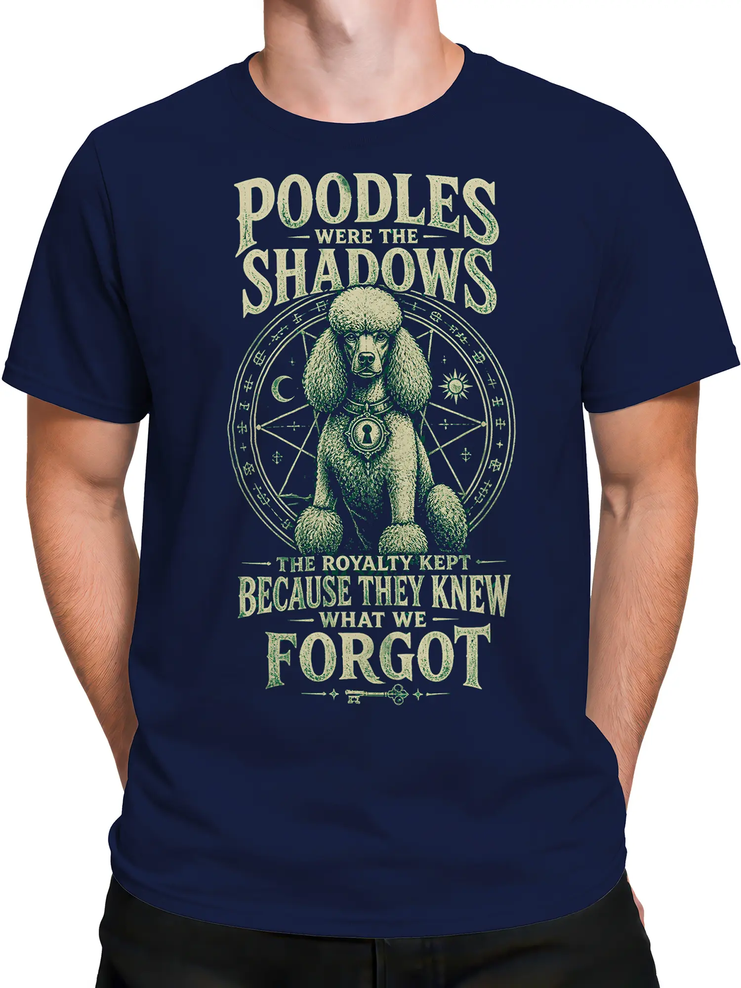 Male torso wearing a navy T-shirt with a vintage poodle graphic and mysterious royal symbols