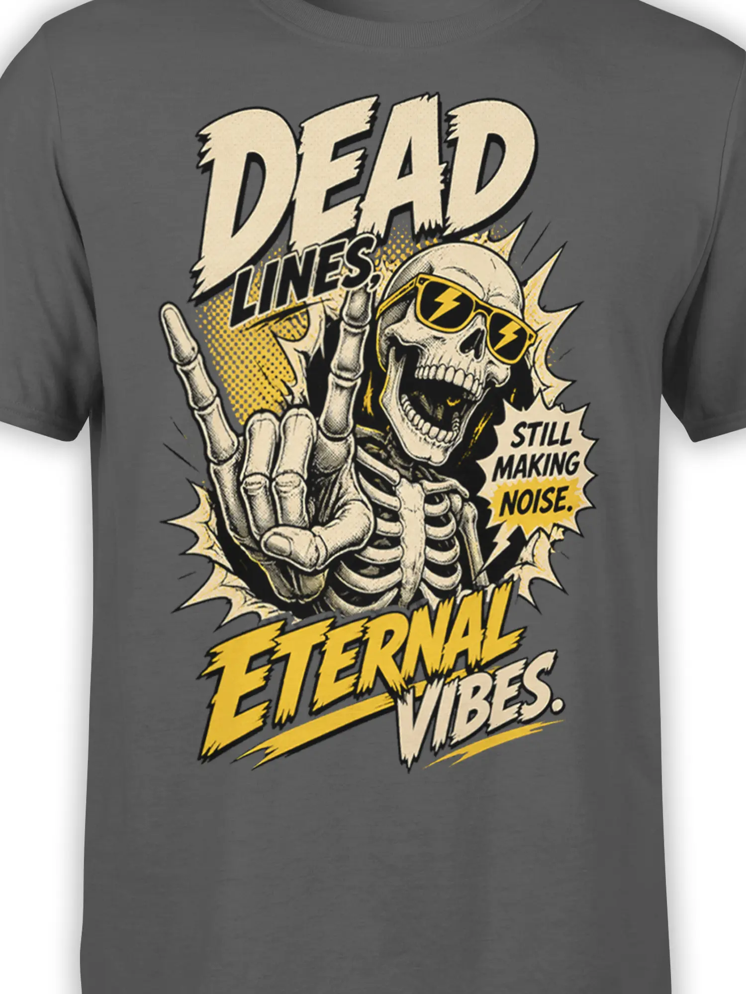 Close-up of skeleton sunglasses, raised hand, distressed lettering, and yellow comic-style bursts on a gray shirt