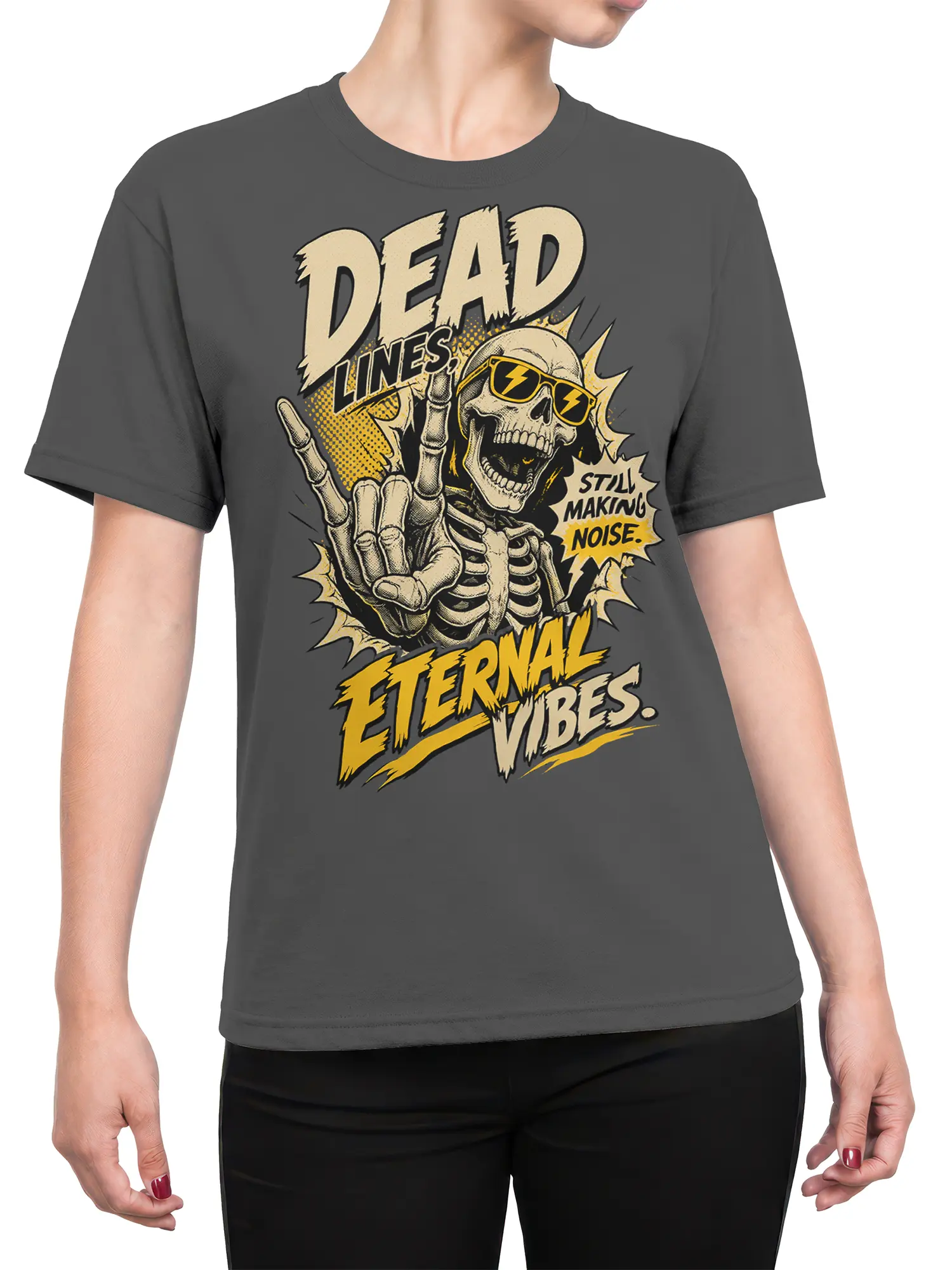 Female torso wearing a gray skeleton graphic tee with lightning shades and bold yellow eternal vibes artwork