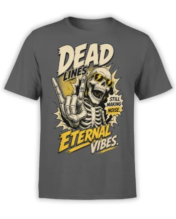 Gray skeleton T-shirt with lightning sunglasses, raised hand, yellow graphics, and bold eternal vibes lettering