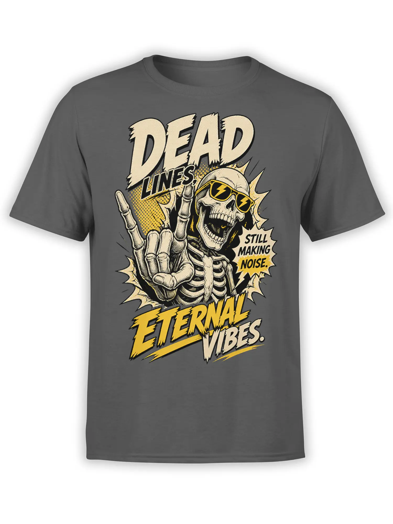 Gray skeleton T-shirt with lightning sunglasses, raised hand, yellow graphics, and bold eternal vibes lettering