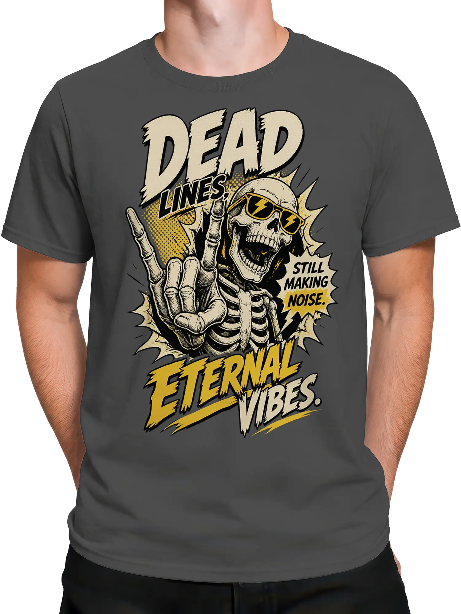 Male torso wearing a gray skeleton T-shirt with distressed lettering and yellow eternal vibes graphics